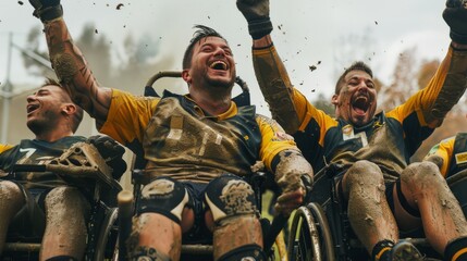 A group of wheelchair rugby players, covered in mud, jubilantly celebrate a hard-fought victory, showcasing determination and team spirit.