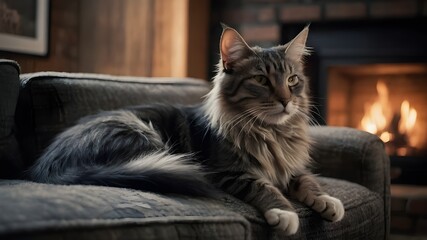 A heartwarming scene of a cat and dog cuddled up together on a cozy couch, basking in the warm glow of a crackling fireplace. The cat's fur is a soft, fluffy grey while the cats coat is a shaggy mix 