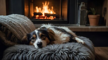 A heartwarming scene of a cat and dog cuddled up together on a cozy couch, basking in the warm glow of a crackling fireplace. The cat's fur is a soft, fluffy grey while the dog's coat is a shaggy mix 