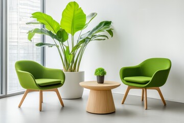 White wall with green armchairs and wood furniture