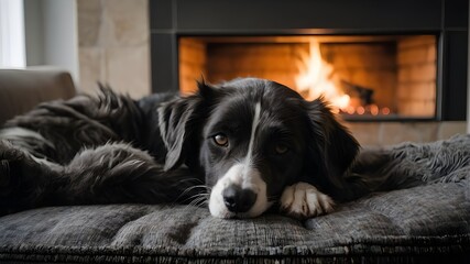 A heartwarming scene of a cat and dog cuddled up together on a cozy couch, basking in the warm glow of a crackling fireplace. The cat's fur is a soft, fluffy grey while the dog's coat is a shaggy mix 