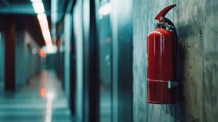 A red fire extinguisher mounted on a wall in a modern, well-lit hallway, emphasizing safety and preparedness in a sleek, contemporary setting.