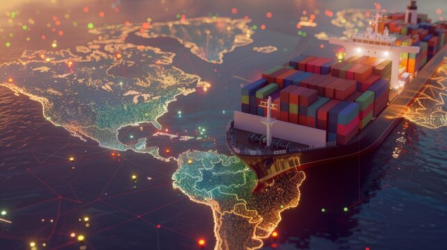 A large cargo ship sails through an illuminated map of the world, symbolizing global trade routes and international shipping.