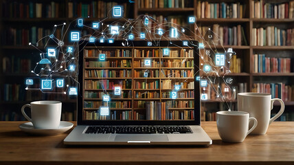 E-library concept. Person use laptop with virtual E-book icons for electronic books online, knowledge base on internet, digital library or e-library.