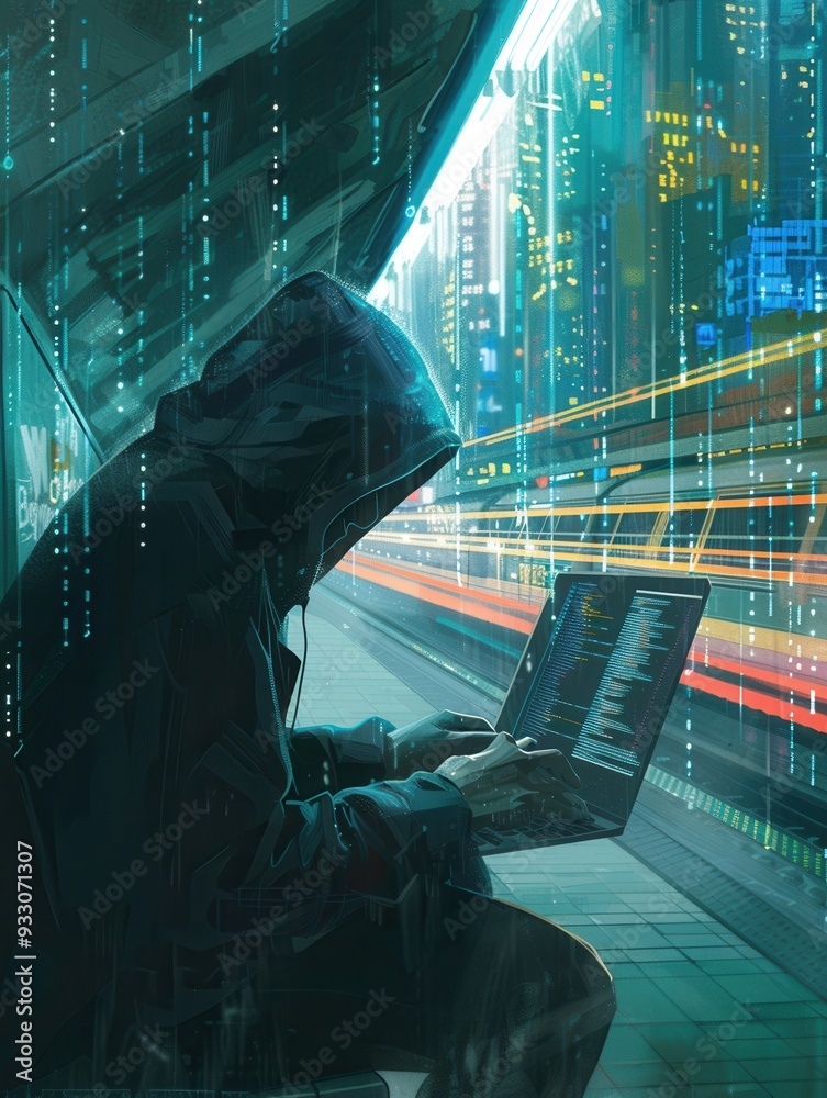 Fototapete a hacker types intently on a laptop in a busy metro station, demonstrating the risks associated with
