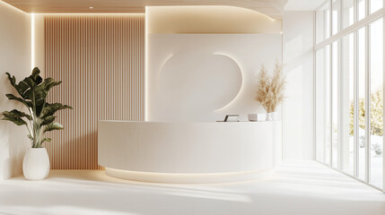 大きな窓のある白・ベージュの明るい美容クリニックのカウンター受付