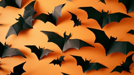 Numerous black origami bats scatter across a vivid orange background, creating a striking and eerie Halloween visual.