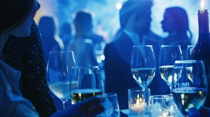 Elegant wine glasses and candles set an intimate and luxurious ambiance at a sophisticated evening social event.
