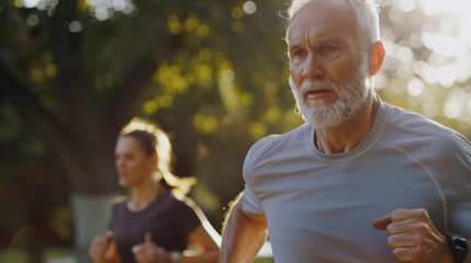 Fototapeta premium An elderly man jogs with determined focus, the morning sun illuminating the park, while a younger runner follows close behind.