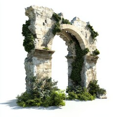 3D Render of a crumbling aqueduct with missing arches, on isolated white background