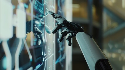 A robotic hand interacting with a futuristic touch screen, displaying digital interfaces and holograms in a high-tech environment.