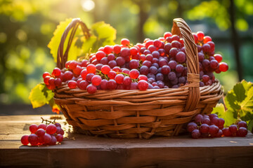 Frisch gepfl&uuml;ckte rote Weintrauben in einem Korb, Generative AI