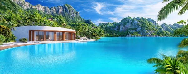 Obraz premium A top-tier resort nestled by a tranquil blue lagoon, surrounded by tropical flora, Luxury, Photorealistic