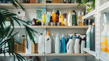 Neatly arranged shelves display an assortment of household bottles and containers amid potted plants, evoking a sense of organized, eco-conscious living.