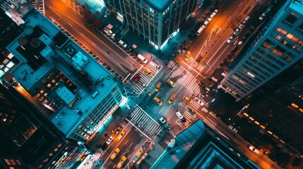 A dazzling aerial night view of a bustling city intersection teeming with life, illuminated by vibrant lights and glistening streets.
