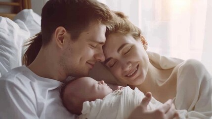 A tender moment as a young couple lovingly cradle their newborn baby, bathed in soft morning sunlight, radiating warmth and familial bliss.