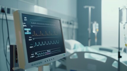 A hospital bed and a monitor displaying vital signs in a dimly lit medical room, highlighting patient care and monitoring.