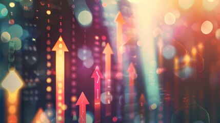 Abstract arrows rise and glow amid a blur of lights, symbolizing growth, progress, and forward motion in a dynamic and colorful scene.