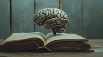 Artistic representation of a brain on top of an open book with a dark, moody background, highlighting the depth and enigma of human intellect.