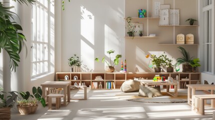 Sunlit and airy classroom filled with plants, wooden toys, and minimalist furniture, exuding a warm and inviting atmosphere for learning and creativity.