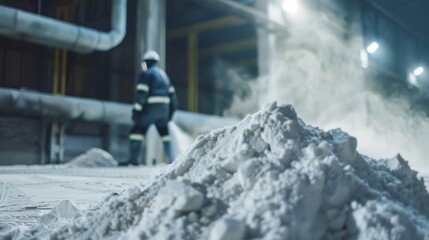 Fototapeta premium A figure in protective gear stands in a dusty industrial environment with mounds of powder on the ground, highlighting a rugged work scene.