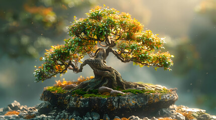 Fototapeta premium Bonsai Tree on a Rocky Outcrop, 3D Illustration