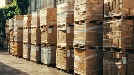 Stacks of tightly wrapped cardboard boxes are orderly arranged on pallets, basking in the soft afternoon light in an outdoor storage area.