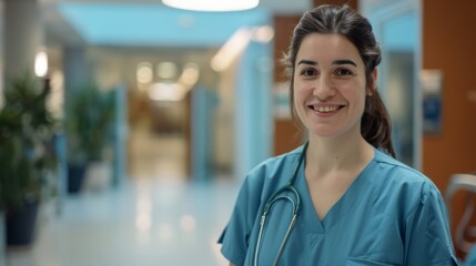 Smiling healthcare professional in scrubs and a stethoscope, standing in a bright, modern hospital corridor.