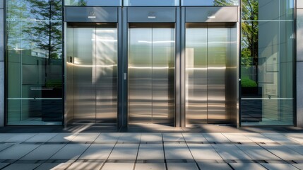 Three sleek, modern glass elevators shine under the play of sunlight and shadows in an elegant, contemporary building lobby.