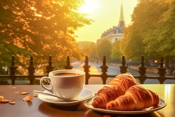 Frühstück mit Kaffee und Croissant an einem sonnigen Morgen in Paris, Generative AI