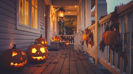 A cozy porch decorated with Halloween pumpkins, radiating a warm and inviting festive atmosphere.