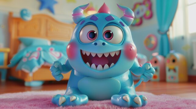 cute 3D character with its large, joyful eyes is set in a vibrant children's room, sitting on a bright bed. This inviting and cheerful scene is perfect for various children's media.