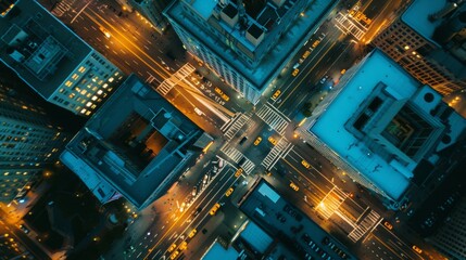 A dramatic aerial view of a well-lit urban grid at night, with glowing streets delineating the energetic city's structure and vibrance.