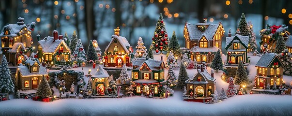 Lighted Christmas village display at a festival, intricate and festive scenery