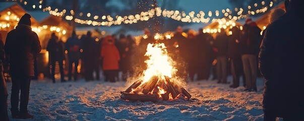 People gathered around a bonfire at a Christmas festival, warming up and socializing