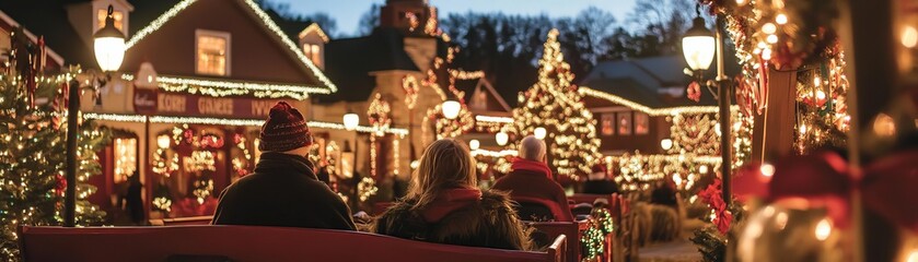 People taking a festive hayride through a decorated town, holiday sightseeing