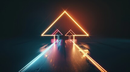 Neon arrows converge toward a single point, creating a futuristic and dynamic visual metaphor for unity and progress.