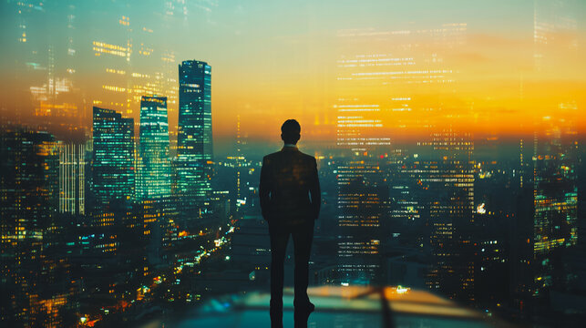 Abstract business man stands on the peak of success amid tall, innovative Smart city and graphs with statistics to analyze business potential and predict future developments in company growth.