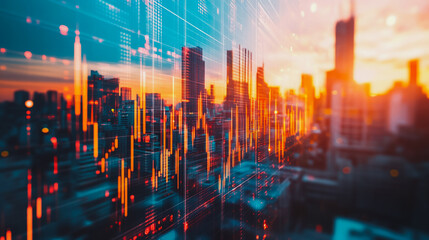 Obraz premium Abstract business team stands on the peak of success amid tall, innovative Smart city and graphs with statistics to analyze business potential and predict future developments in company growth.