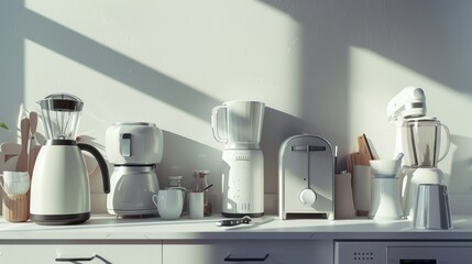 A neat and modern kitchen countertop bathed in sunlight, showcasing various white kitchen appliances and utensils ready for culinary creativity.