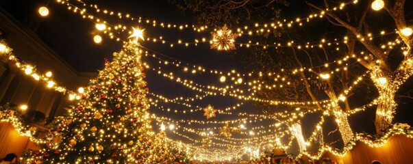 Naklejka premium Vibrant Christmas festival with twinkling lights, decorated trees, and cheerful crowds, festive celebration