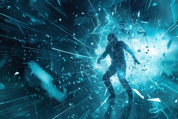 A hacker is breaking through a digital shield, causing fragments to scatter in a dynamic display of cybersecurity warfare. Generative AI