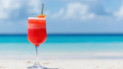 Tropical Paradise Refreshment, a vibrant summer cocktail displayed on a sunlit beach, inviting atmosphere, perfect for relaxation and enjoyment.