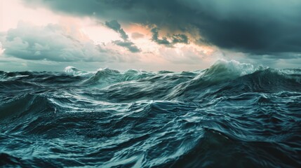 Fototapeta premium Powerful ocean waves crash under a dramatic, stormy sky, creating a dynamic and awe-inspiring seascape filled with intense energy and raw natural beauty.