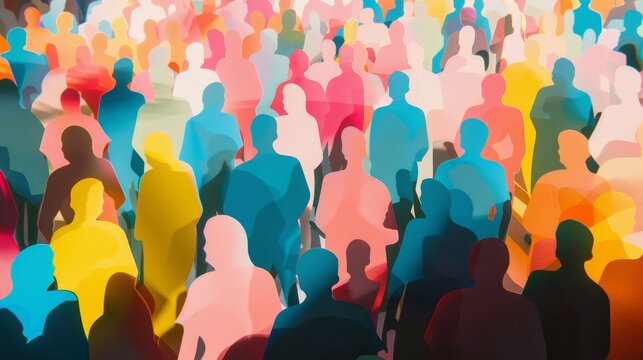 A colorful, overlapping crowd of faceless figures creates an abstract representation of human diversity and unity.