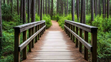 Obraz premium Enchanting pathway through a tranquil pine forest, meandering gently toward a rustic wooden bridge, a serene escape into nature's embrace.