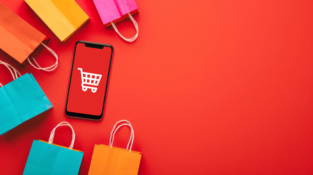 Shopping bags and phone with shopping cart icon on red background - Powered by Adobe