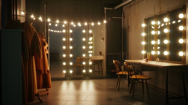An empty, well-lit dressing room with rows of bright vanity lights, a couple of chairs, and hanging clothes, suggesting anticipation and readiness.