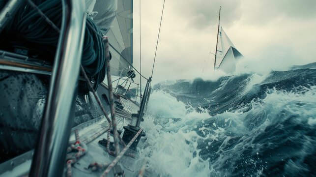 A white-knuckle moment captured on a stormy sea, with sailboats battling turbulent waves, depicting the thrill and challenge of sailing.