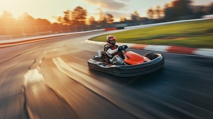 Another go-kart racer takes a sharp turn on the track at sunset, highlighting the thrill and focus needed in the adrenaline-pumping sport.